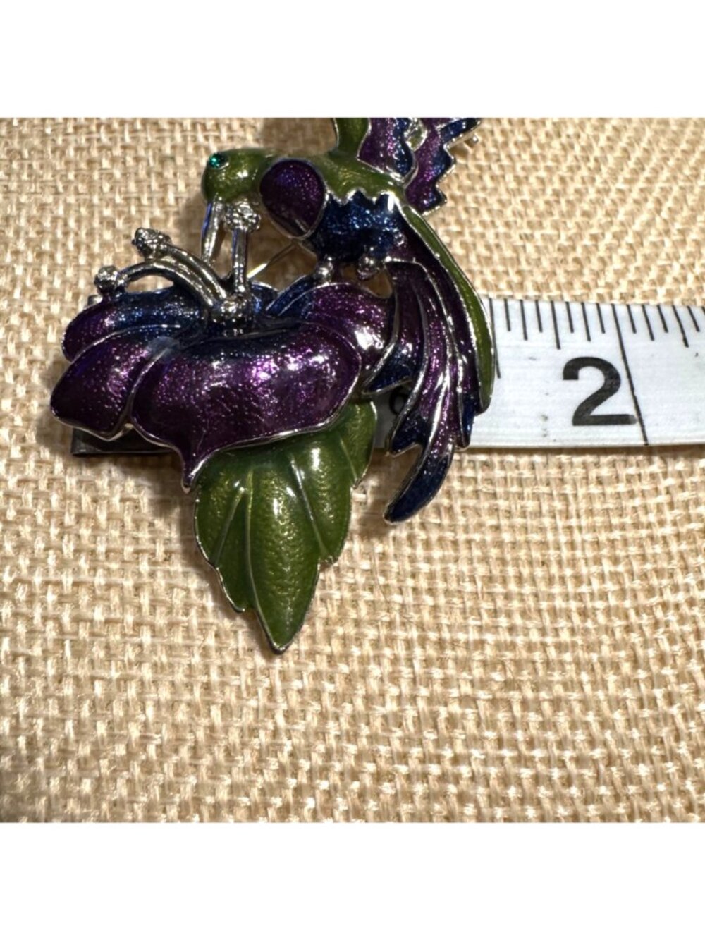 Vintage Hummingbird Brooch Green & Purple Enamel Floral Design 3 Inches - Picture 4 of 7
